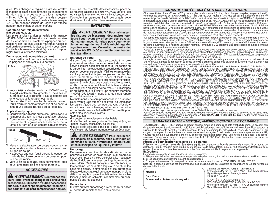 Milwaukee 6238-20, 6232-20 manual Accesoires, Garantie Limitée AUX ÉTATS-UNIS ET AU Canada 