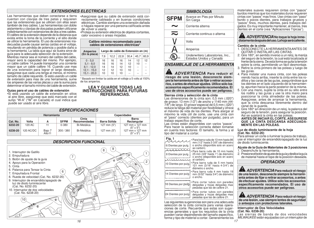 Milwaukee 6238-20 Extensiones Electricas Simbología, Ensamblaje DE LA Herramienta, Especificaciones, Descripcion Funcional 