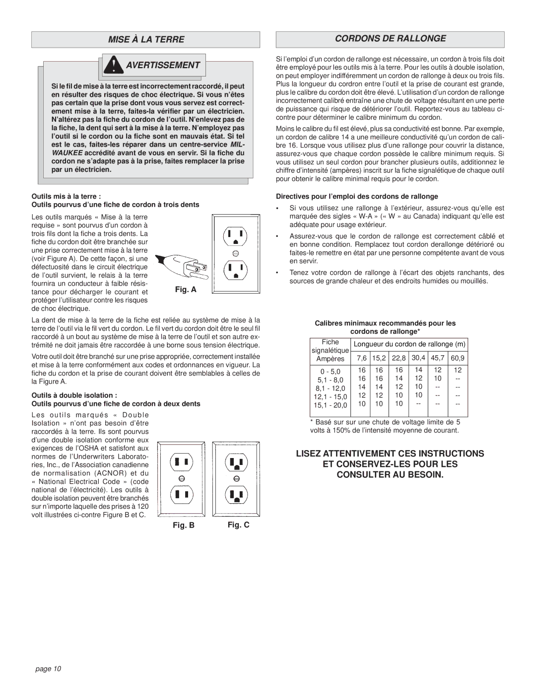 Milwaukee 6230, 6236 Mise À LA Terre Avertissement, Cordons DE Rallonge, Directives pour l’emploi des cordons de rallonge 