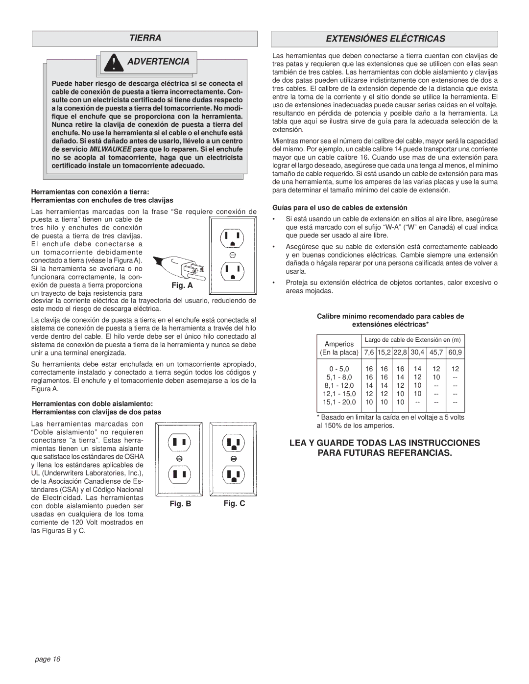 Milwaukee 6230, 6236, 6225 manual Tierra Advertencia, Extensiónes Eléctricas, Guías para el uso de cables de extensión 