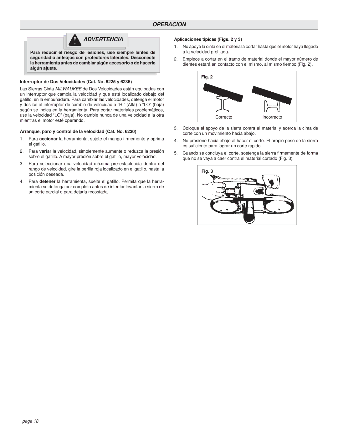 Milwaukee 6236, 6230 Operacion Advertencia, Arranque, paro y control de la velocidad Cat. No, Aplicaciones típicas Figs y 