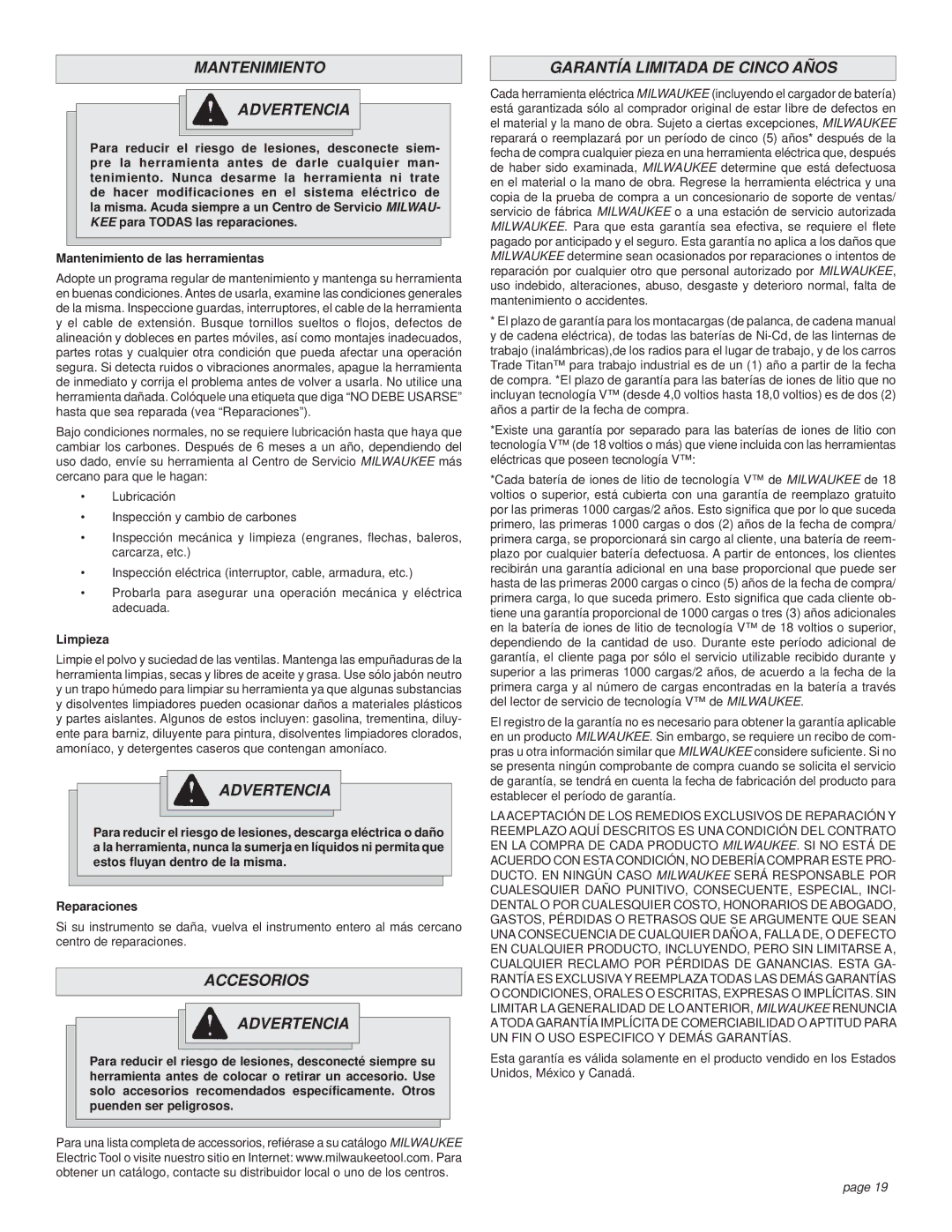 Milwaukee 6230, 6236, 6225 Mantenimiento Advertencia, Accesorios Advertencia, Garantía Limitada DE Cinco Años, Limpieza 