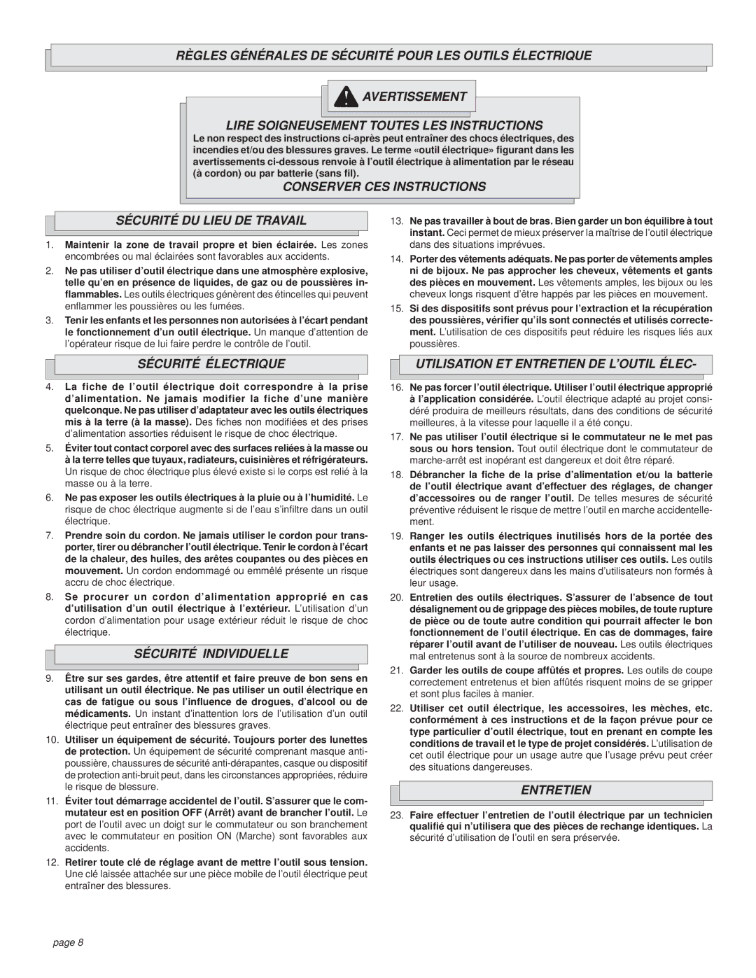 Milwaukee 6225, 6236, 6230 manual Conserver CES Instructions Sécurité DU Lieu DE Travail, Sécurité Individuelle, Entretien 