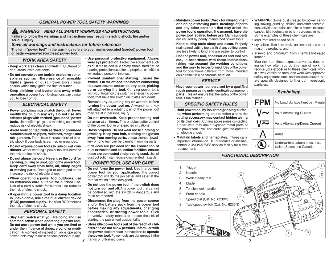 Milwaukee 6236N General Power Tool Safety Warnings, Work Area Safety, Electrical Safety, Service, Specific Safety Rules 