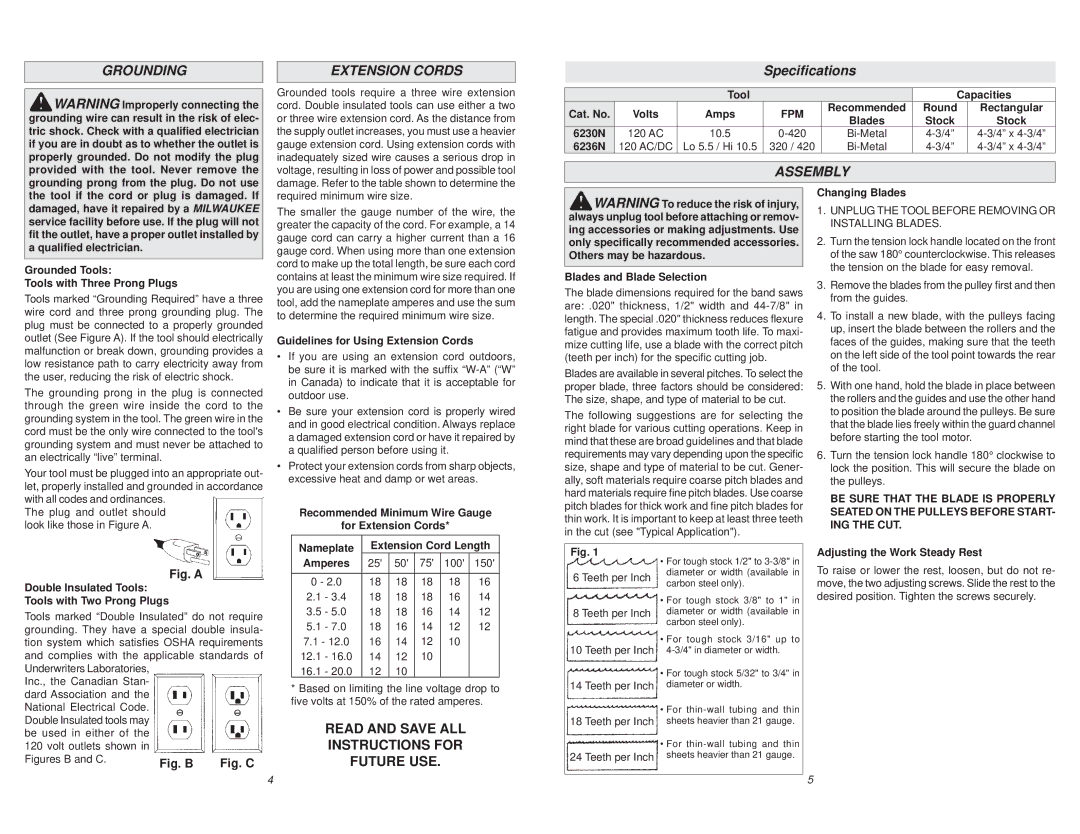 Milwaukee 6230N, 6236N manual Grounding Extension Cords, Speciﬁcations, Assembly 