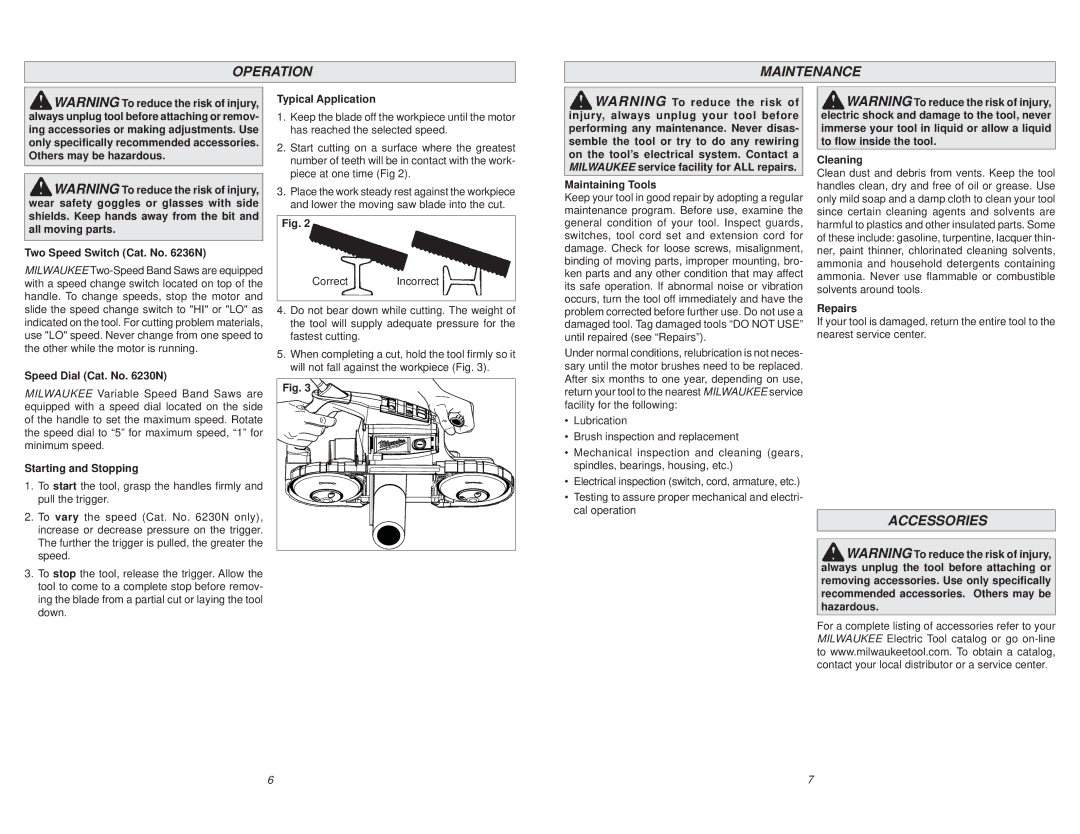 Milwaukee 6236N, 6230N manual Operation Maintenance, Accessories 
