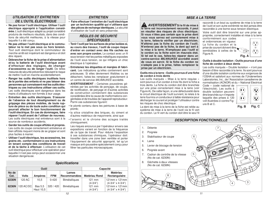 Milwaukee 6236N, 6230N manual Règles DE Sécurité Spécifiques, Description Fonctionnelle, Spéciﬁcations 