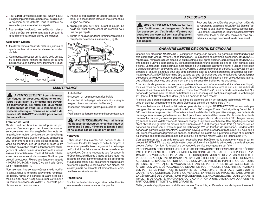 Milwaukee 6236N, 6230N manual Accesoires, Garantie Limitée DE L’OUTIL DE Cinq ANS 