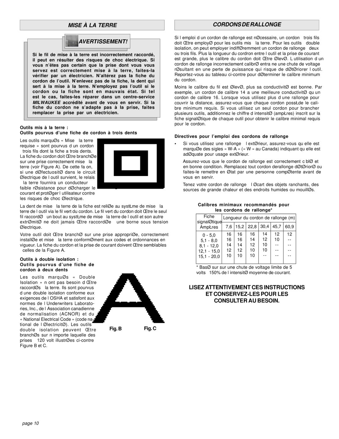 Milwaukee 6266-22, 6276-21 manual Mise À LA Terre Avertissement, Cordons DE Rallonge, Trois dents 