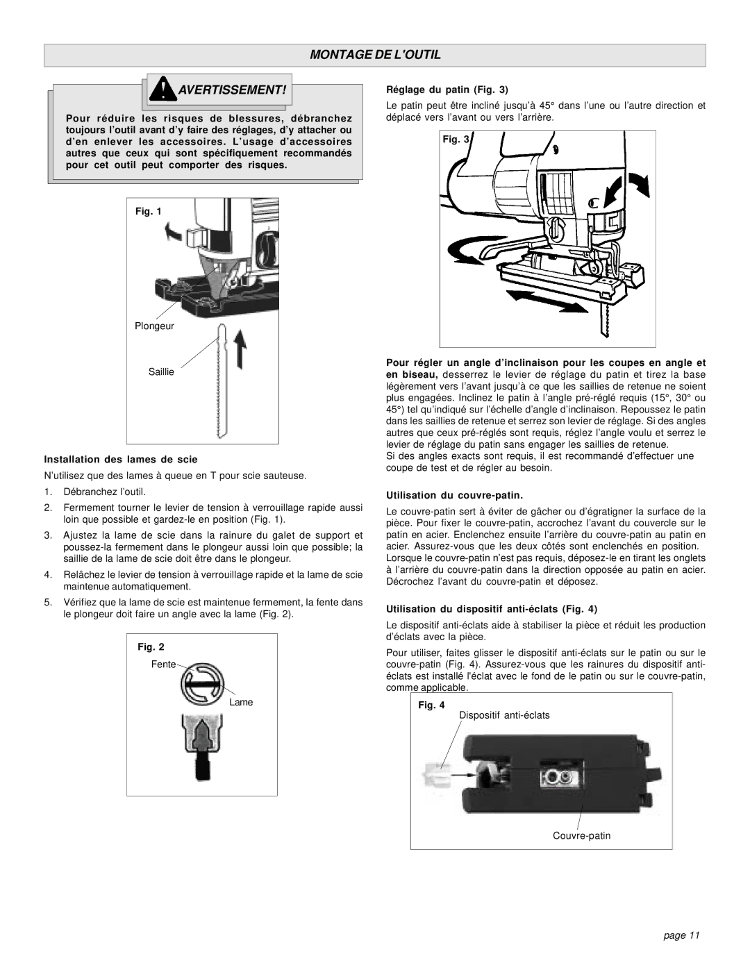 Milwaukee 6276-21, 6266-22 manual Montage DE Loutil Avertissement, Installation des lames de scie, Réglage du patin Fig 