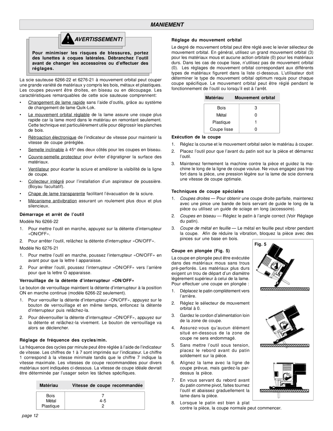 Milwaukee 6266-22, 6276-21 manual Maniement Avertissement 