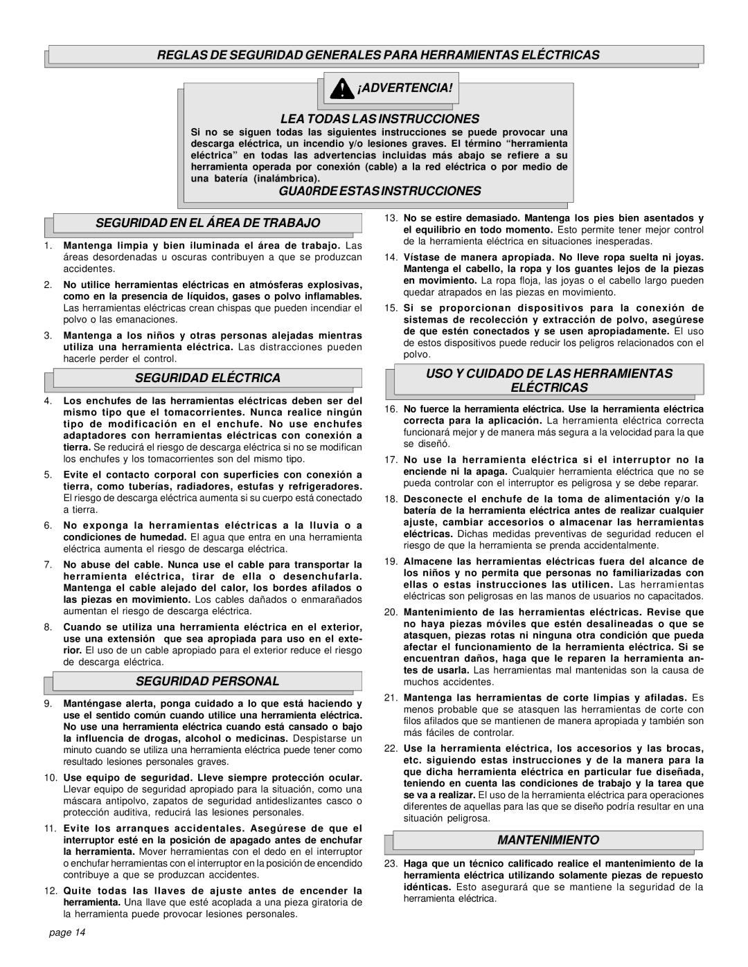 Milwaukee 6266-22 GUA0RDE Estas Instrucciones Seguridad EN EL Área DE Trabajo, Seguridad Eléctrica, Seguridad Personal 