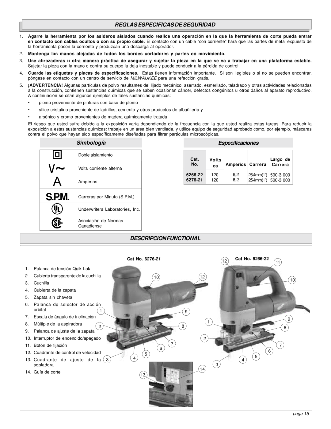 Milwaukee 6276-21, 6266-22 manual Reglas Especificas DE Seguridad, Descripcion Functional 