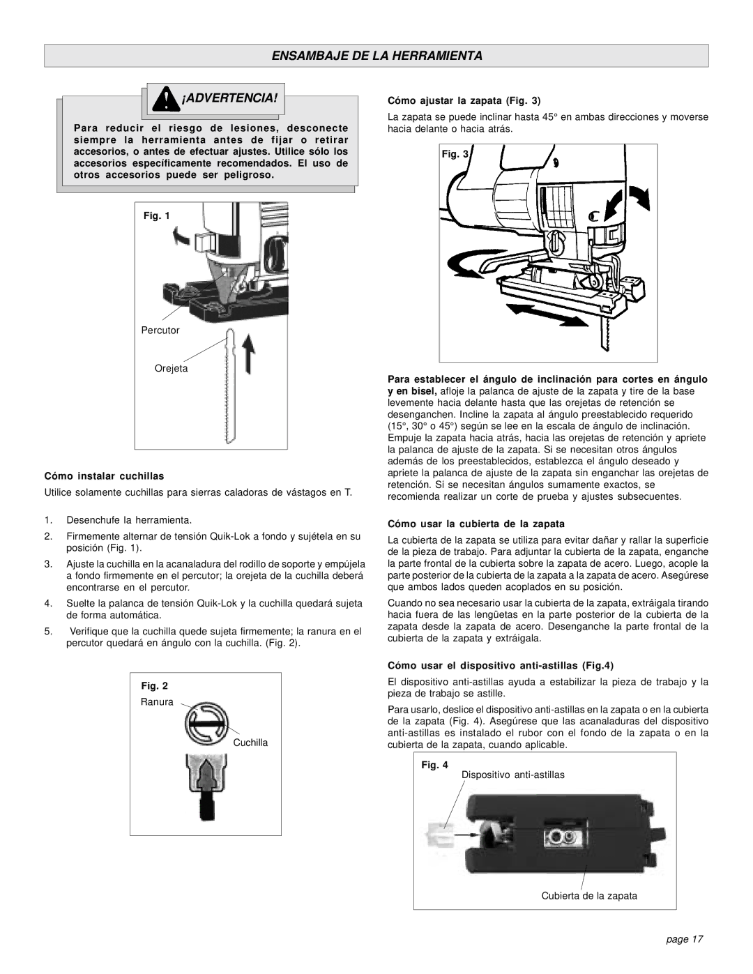 Milwaukee 6276-21, 6266-22 Ensambaje DE LA Herramienta ¡ADVERTENCIA, Cómo instalar cuchillas, Cómo ajustar la zapata Fig 