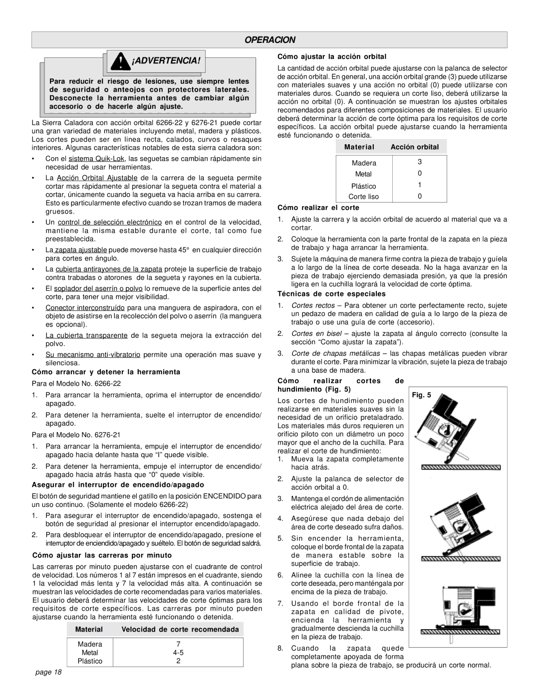 Milwaukee 6266-22, 6276-21 manual Operacion ¡ADVERTENCIA 