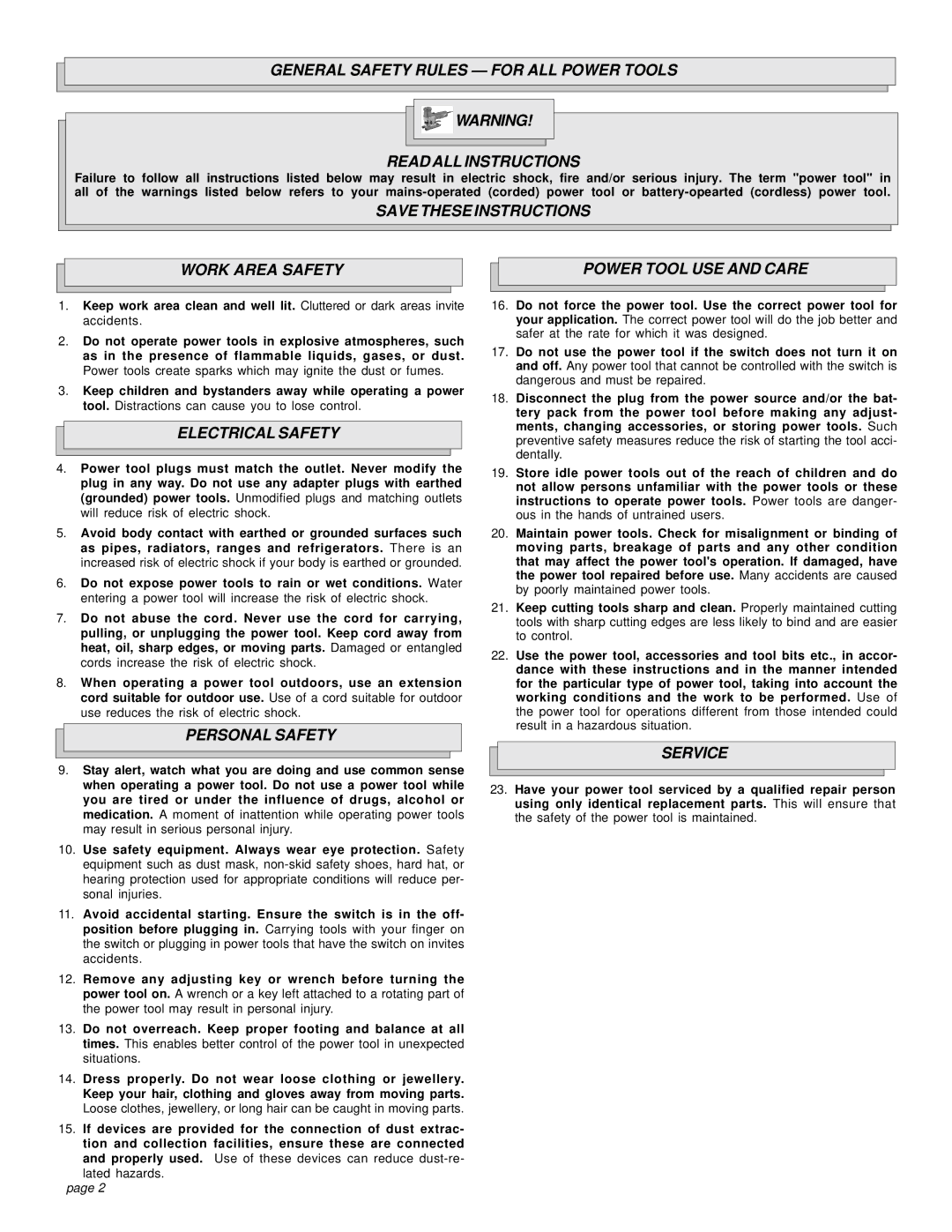Milwaukee 6266-22, 6276-21 manual Work Area Safety Power Tool USE and Care, Electrical Safety, Personal Safety, Service 