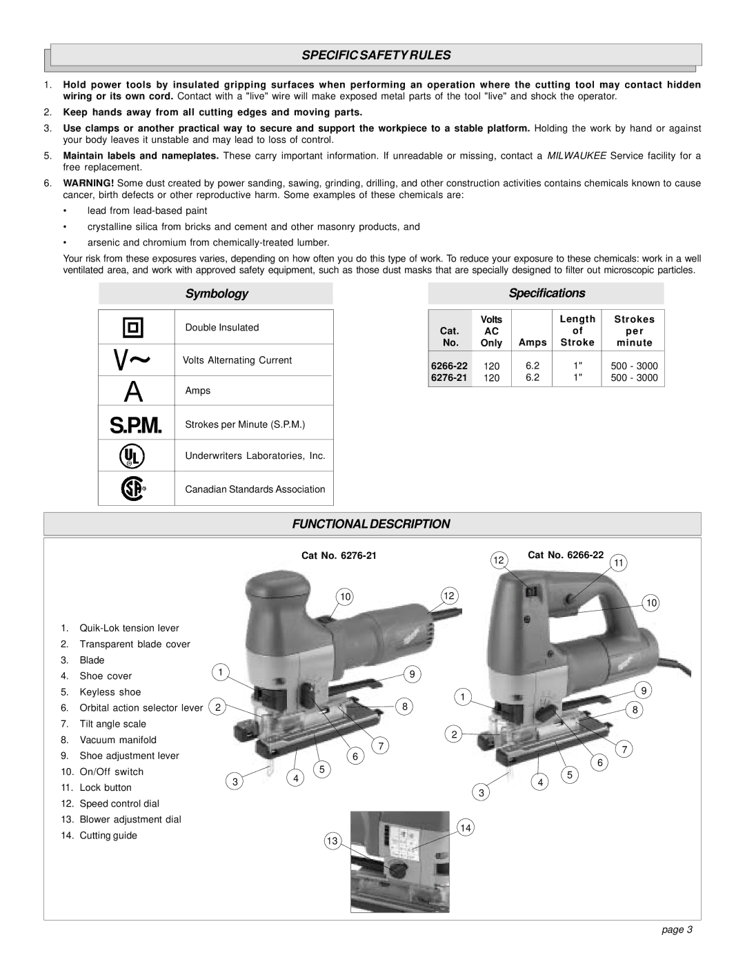 Milwaukee 6276-21, 6266-22 manual Specific Safety Rules, Functional Description, Volts Length Strokes Cat Only, Cat No 