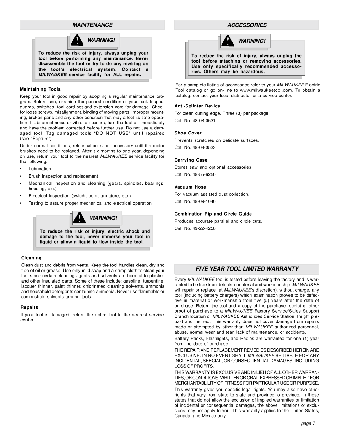 Milwaukee 6276-21, 6266-22 manual Maintenance Accessories, Five Year Tool Limited Warranty 