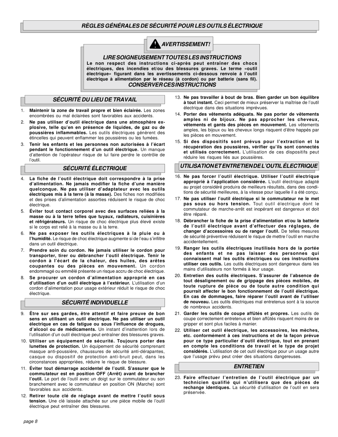 Milwaukee 6266-22 manual Conserver CES Instructions Sécurité DU Lieu DE Travail, Sécurité Électrique, Sécurité Individuelle 