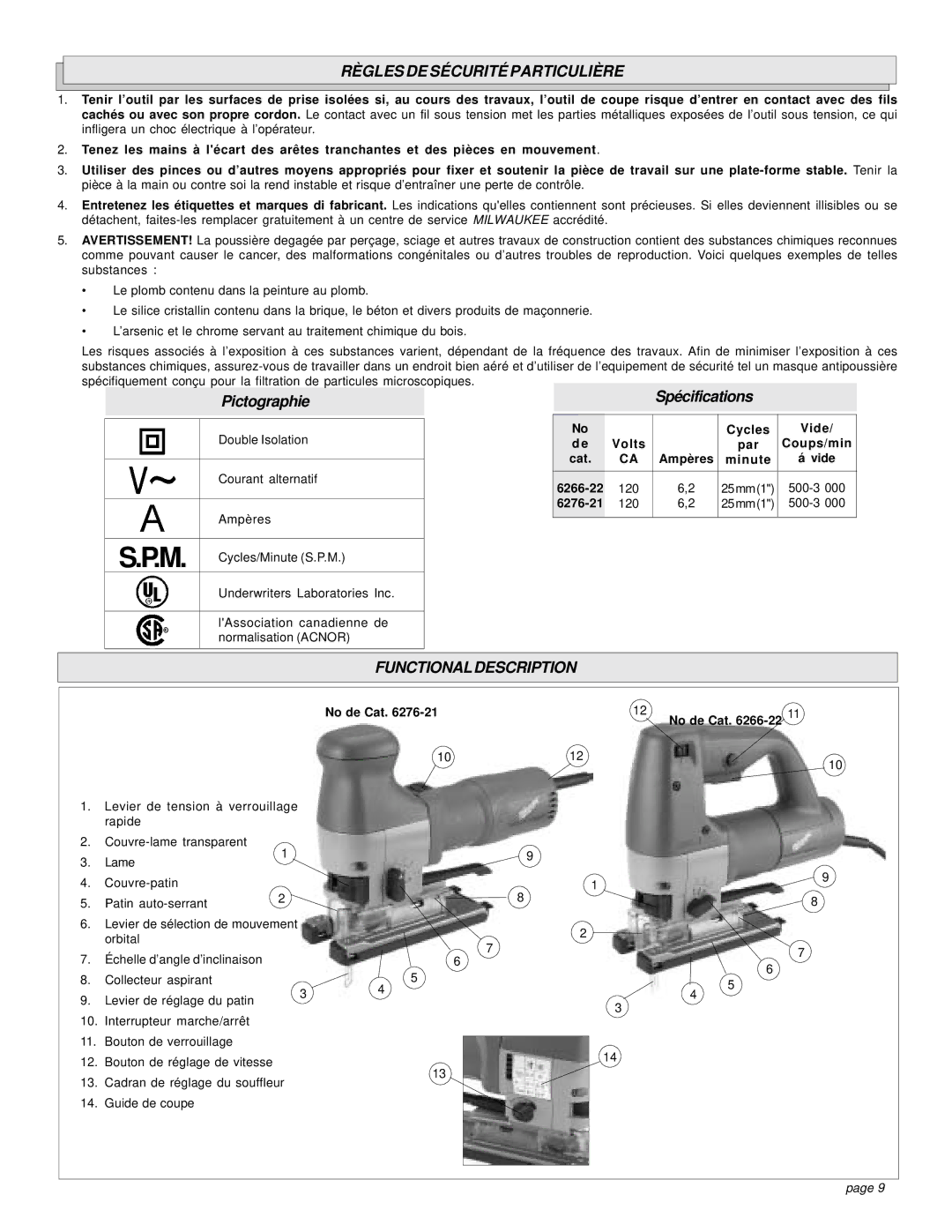 Milwaukee manual Règles DE Sécurité Particulière, Cycles Vide Volts Par Coups/min Cat, 6266-22 120 25mm1 500-3 6276-21 