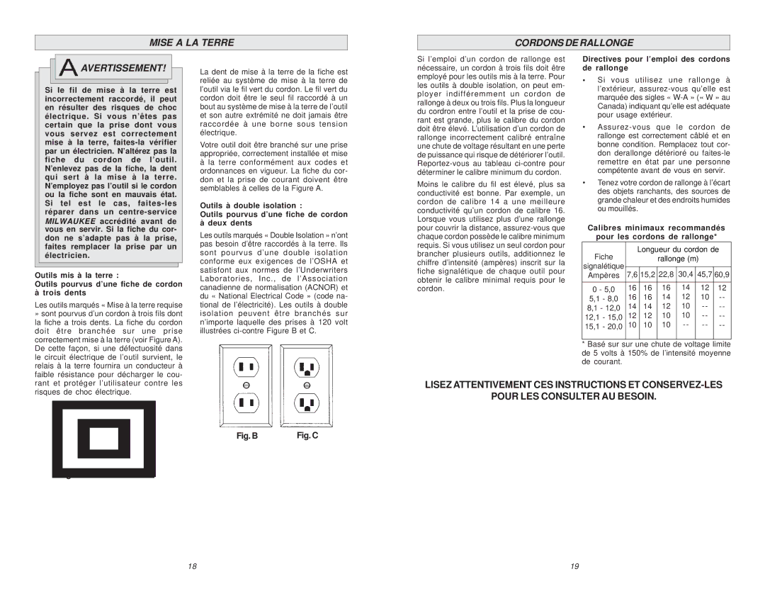 Milwaukee 6268-21 Mise a LA Terre Cordons DE Rallonge Avertissement, Directives pour l’emploi des cordons de rallonge 