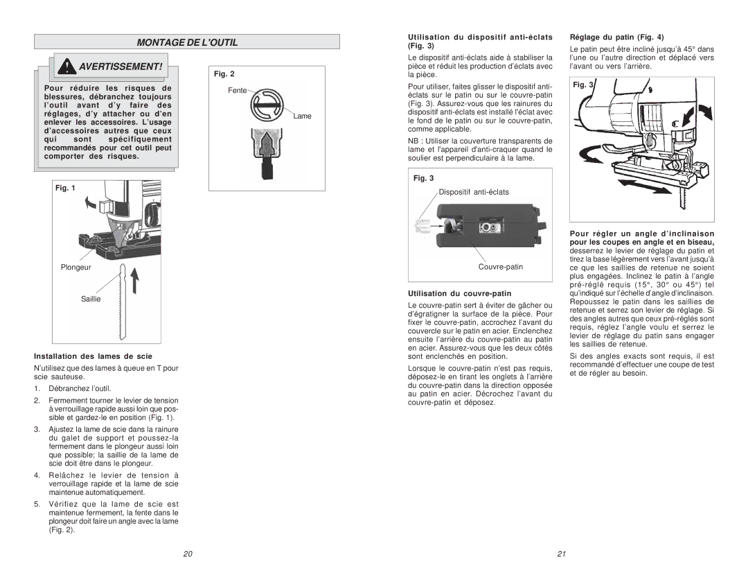 Milwaukee 6268-21 manual Montage DE Loutil, Installation des lames de scie, Utilisation du couvre-patin 