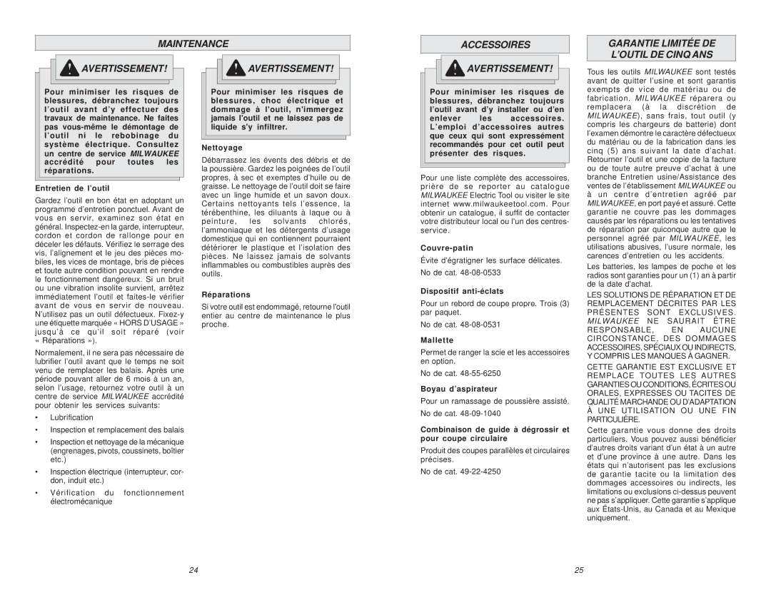 Milwaukee 6268-21 manual Réparations, Dispositif anti-éclats, Mallette, Boyau d’aspirateur 