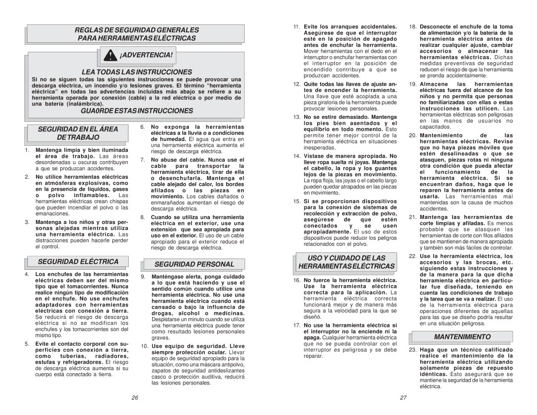 Milwaukee 6268-21 GUA0RDE Estas Instrucciones, Seguridad EN EL Área DE Trabajo, Seguridad Eléctrica, Seguridad Personal 