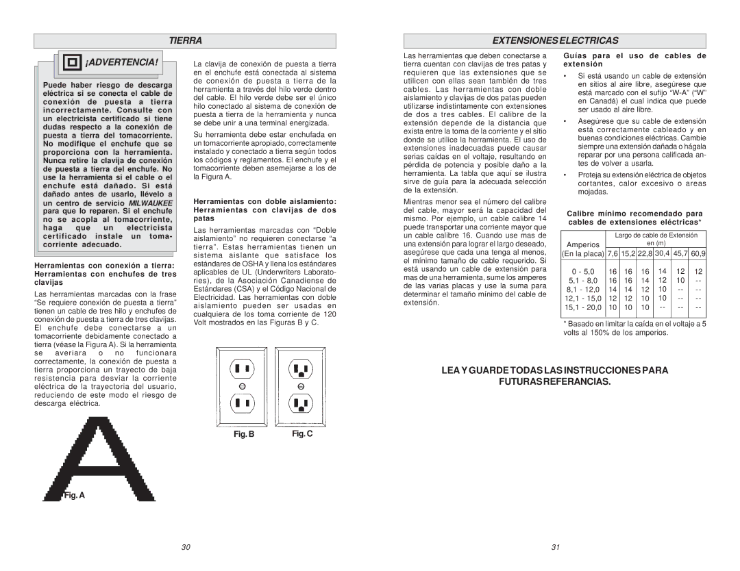 Milwaukee 6268-21 manual Tierra Extensiones Electricas ¡ADVERTENCIA, Guías para el uso de cables de extensión 