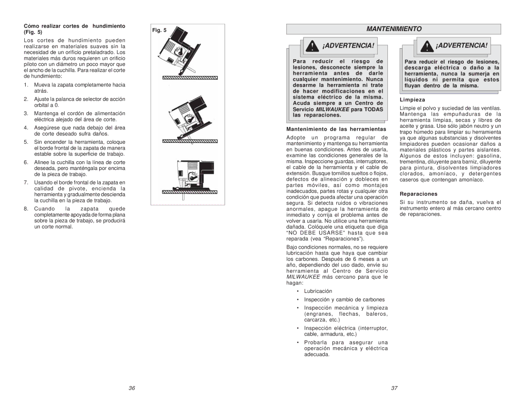 Milwaukee 6268-21 manual Cómo realizar cortes de hundimiento Fig, Reparaciones 