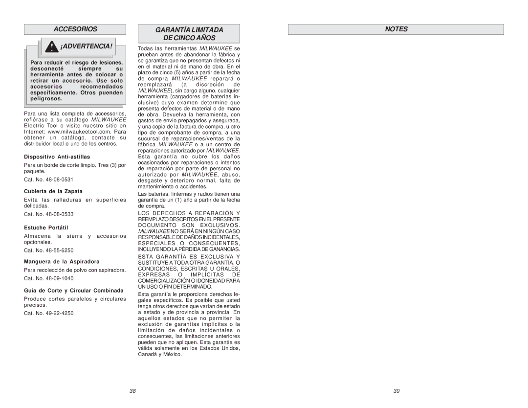 Milwaukee 6268-21 manual Accesorios ¡ADVERTENCIA, Garantía Limitada DE Cinco Años 