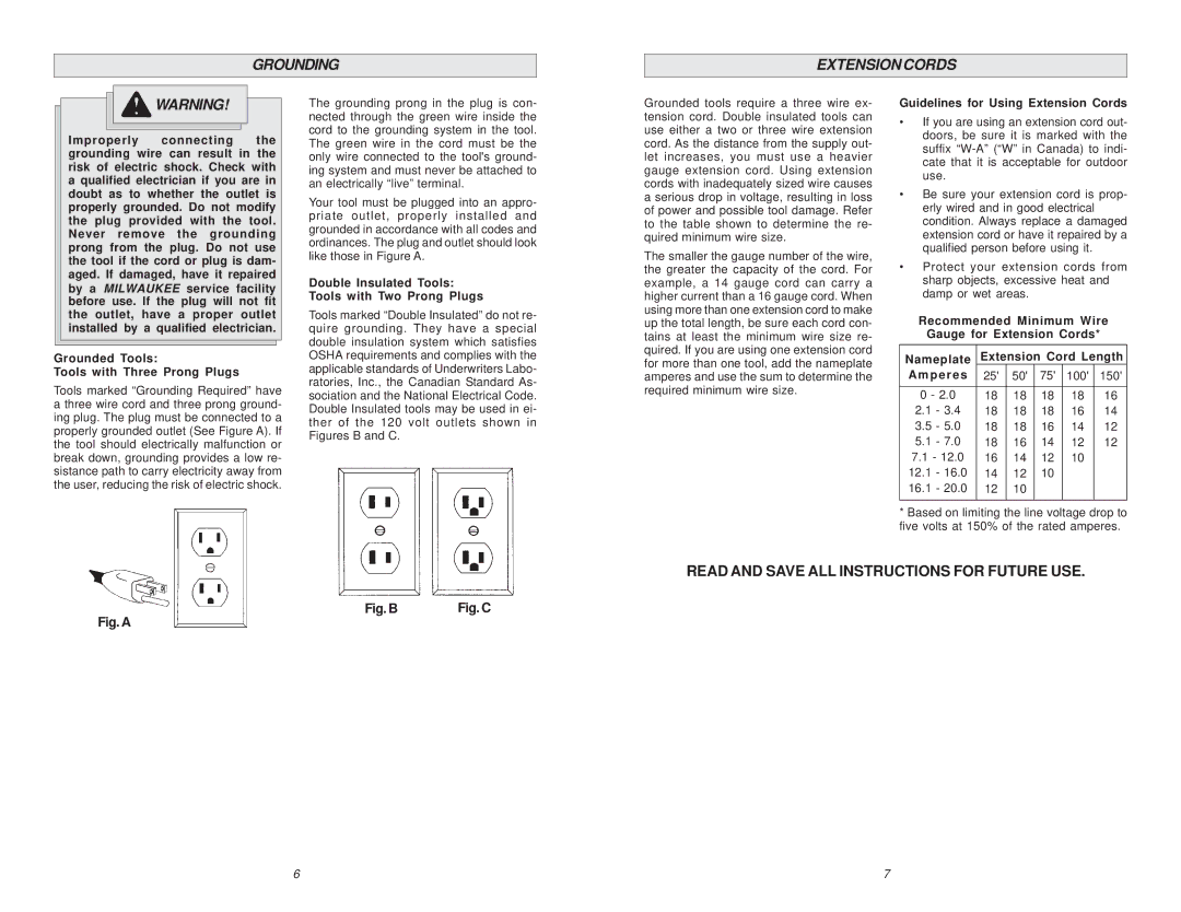 Milwaukee 6268-21 manual Grounding Extension Cords, Double Insulated Tools Tools with Two Prong Plugs 