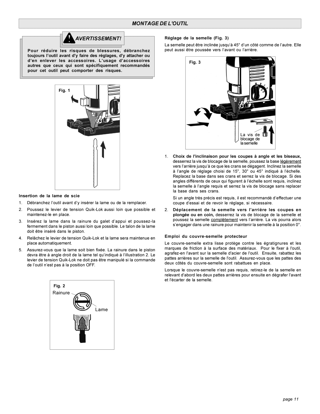 Milwaukee 626, 6276 manual Montage DE Loutil Avertissement, Réglage de la semelle Fig 