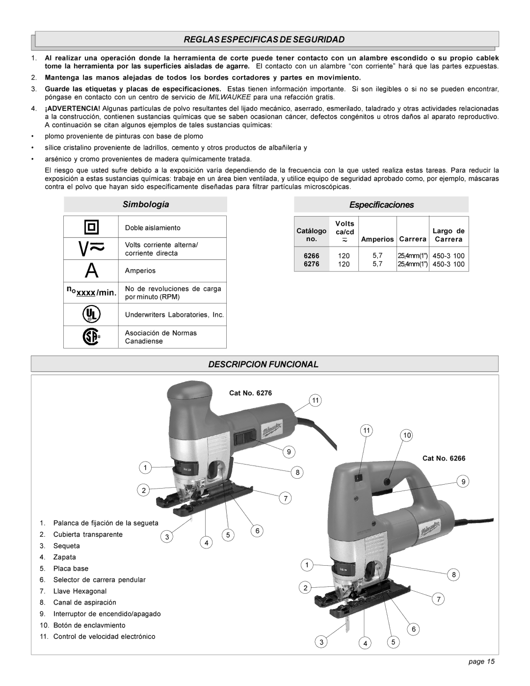 Milwaukee 6276 Reglas Especificas DE Seguridad, Descripcion Funcional, Catálogo Volts Largo de Ca/cd, Carrera 6266 120 