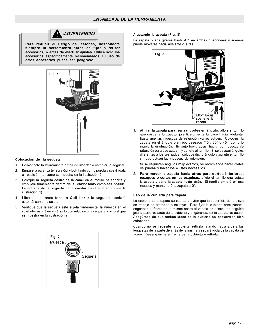 Milwaukee 626, 6276 manual Ensambaje DE LA Herramienta ¡ADVERTENCIA, Ajustando la zapata Fig 