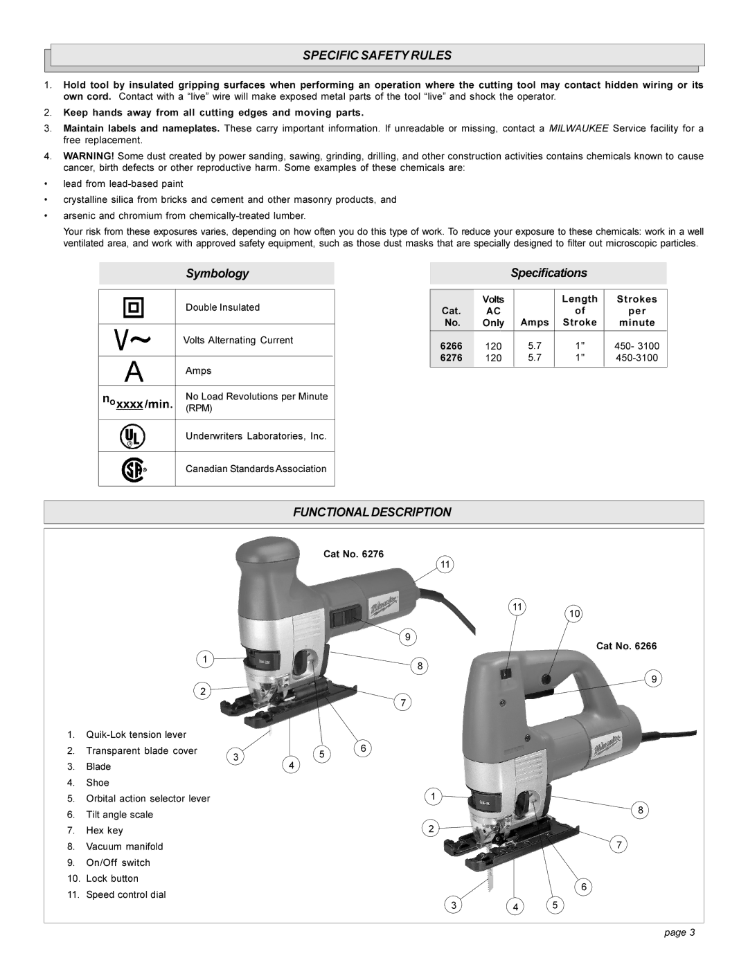 Milwaukee 626, 6276 manual Specific Safety Rules, Functionaldescription 