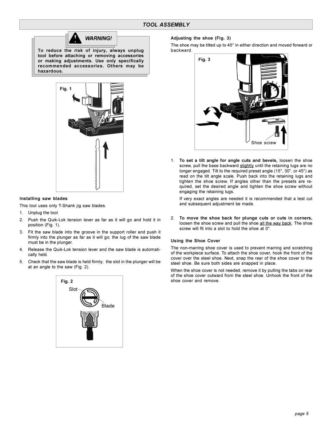 Milwaukee 626, 6276 manual Tool Assembly, Adjusting the shoe Fig 