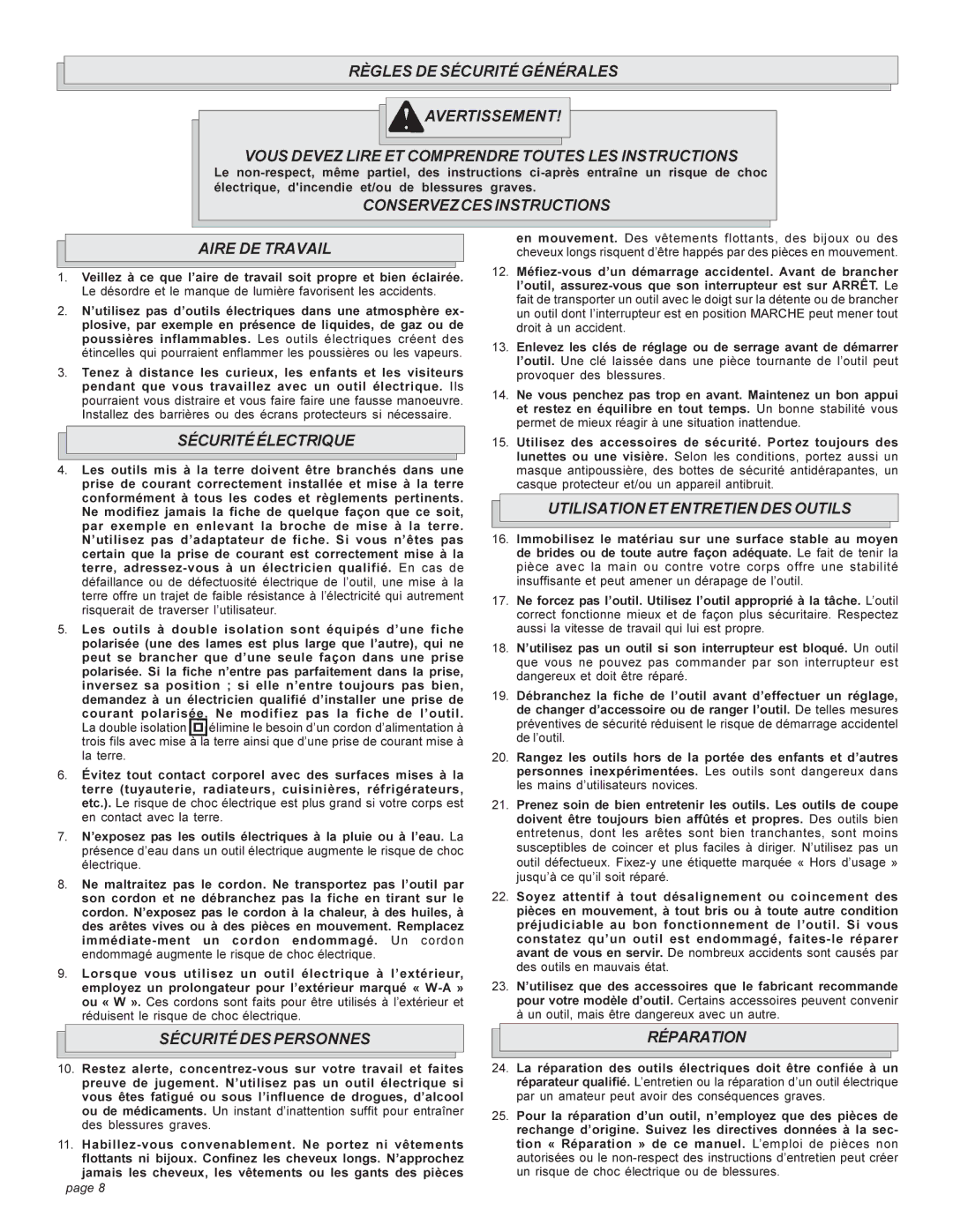 Milwaukee 6276, 626 Conservez CES Instructions Aire DE Travail, Sécuritéélectrique, Utilisation ET Entretien DES Outils 