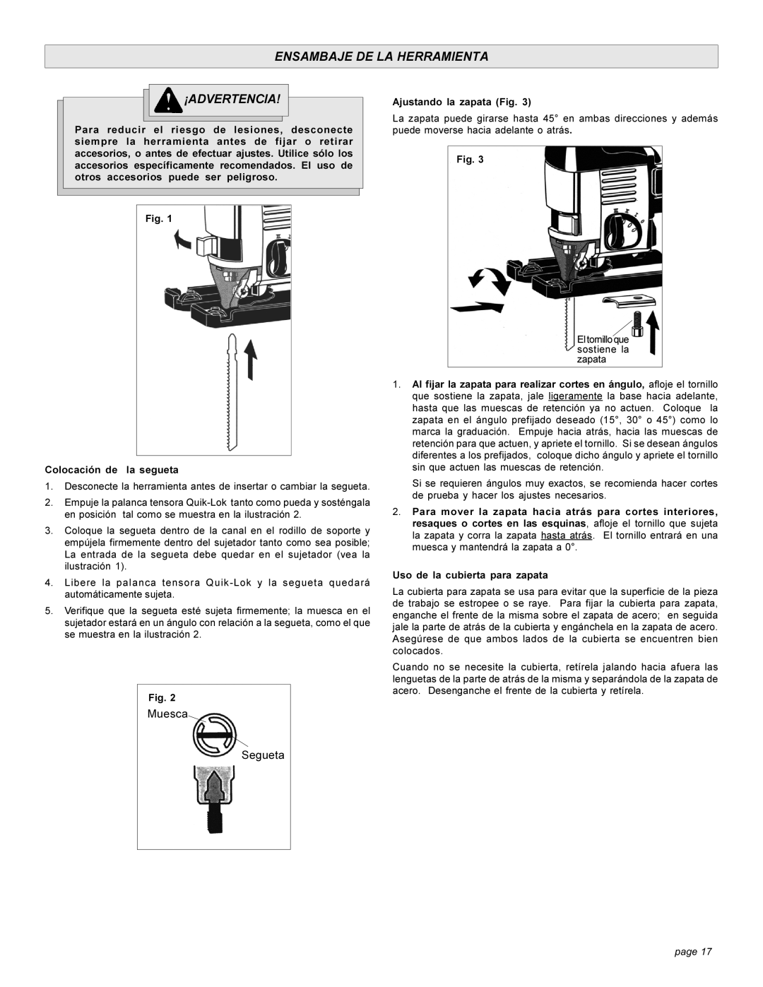 Milwaukee 626, 6276 manual Ensambaje De La Herramienta, ¡Advertencia, Muesca, Segueta, page 
