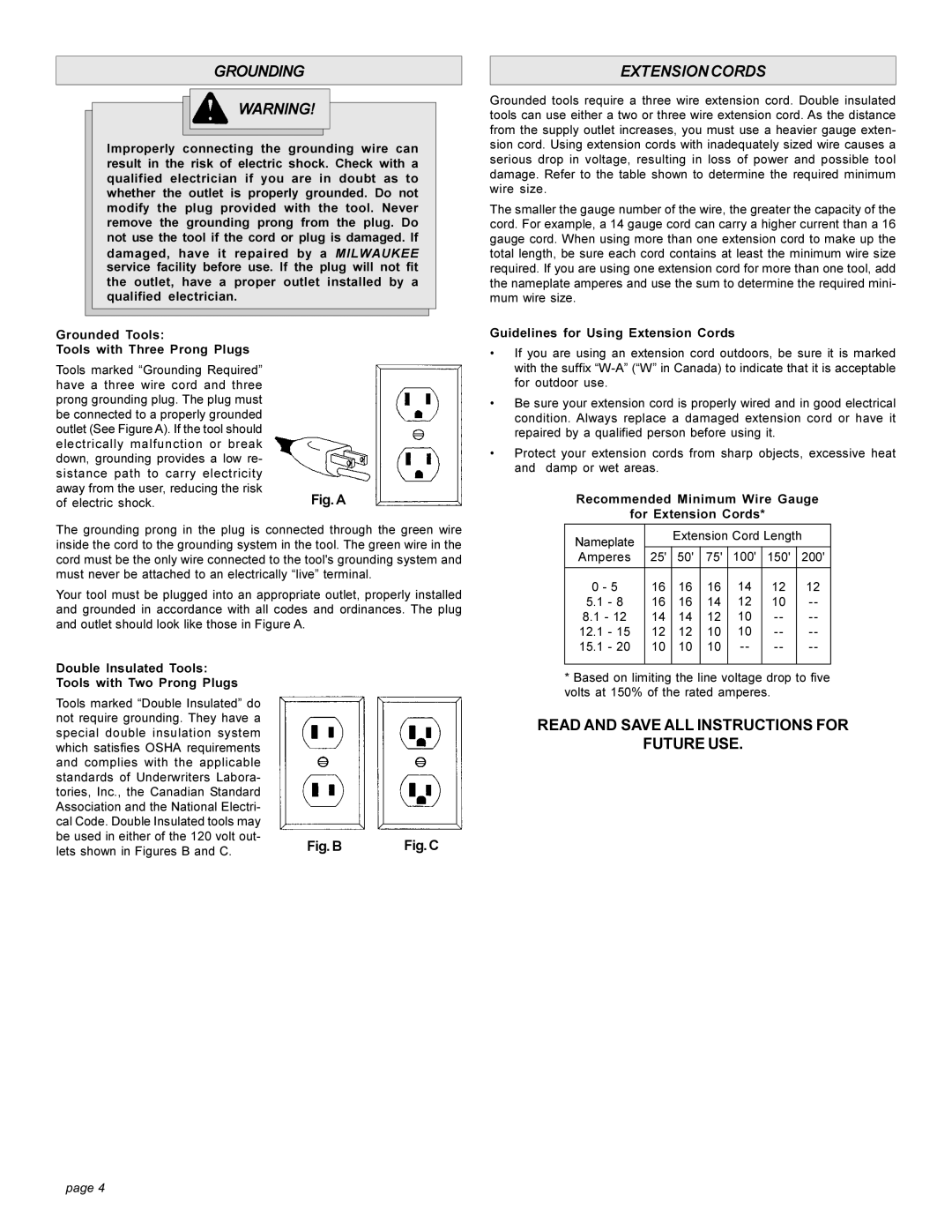 Milwaukee 6276 Grounding, Extension Cords, Read And Save All Instructions For Future Use, Fig. A, Fig. B, Fig. C, page 