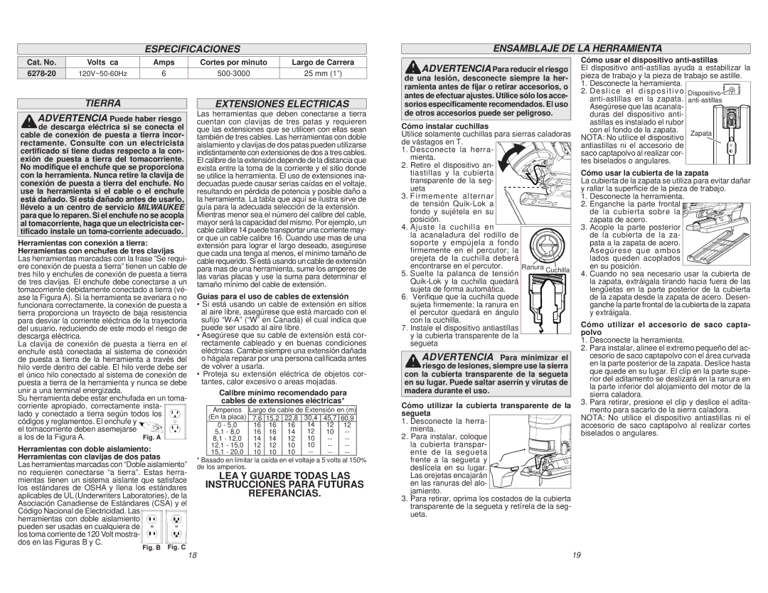 Milwaukee 6278-20 manual Especificaciones Ensamblaje DE LA Herramienta, Tierra, Extensiones Electricas 