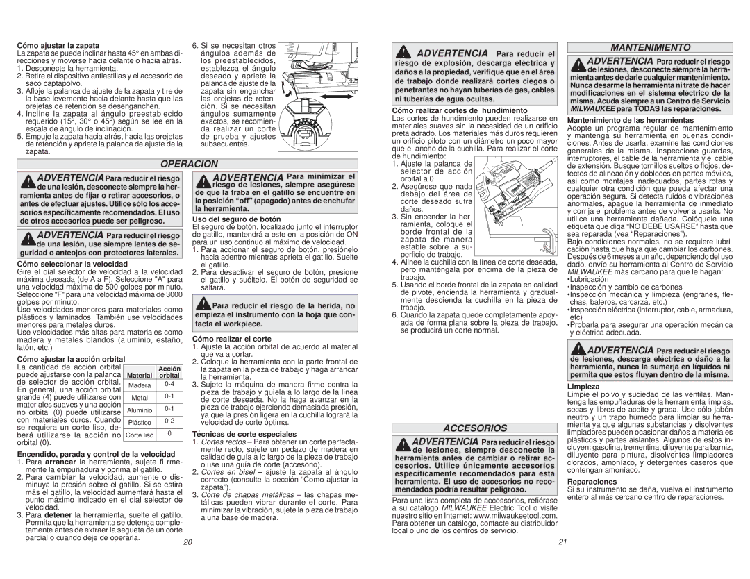 Milwaukee 6278-20 manual Operacion, Accesorios 