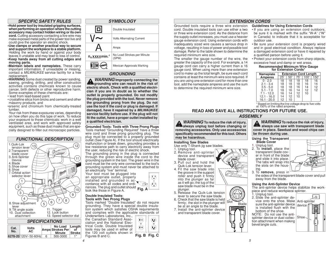 Milwaukee 6278-20 manual Specific Safety Rules Symbology Extension Cords, Grounding, Functional Description, Specifications 