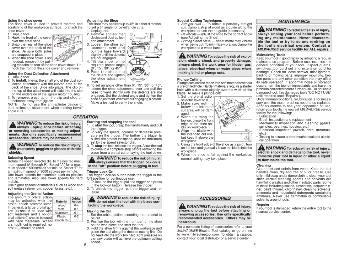 Milwaukee 6278-20 manual Maintenance, Operation, Accessories 