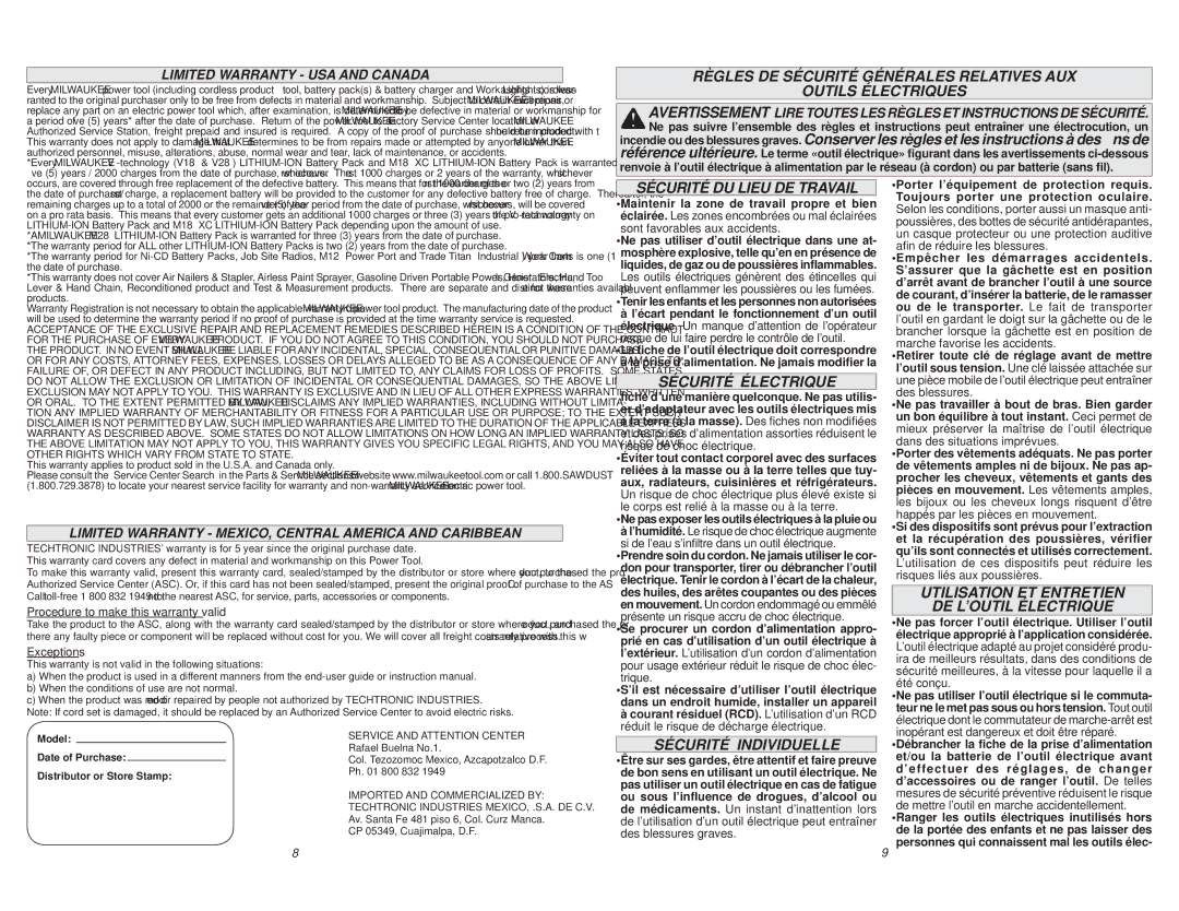 Milwaukee 6278-20 manual Sécurité DU Lieu DE Travail, Sécurité Électrique, Utilisation ET Entretien DE L’OUTIL Électrique 