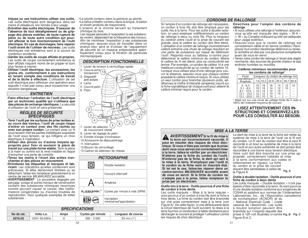 Milwaukee 6278-20 Cordons DE Rallonge, Entretien, Règles DE Sécurité Spécifiques, Description Fonctionnelle, Pictographie 