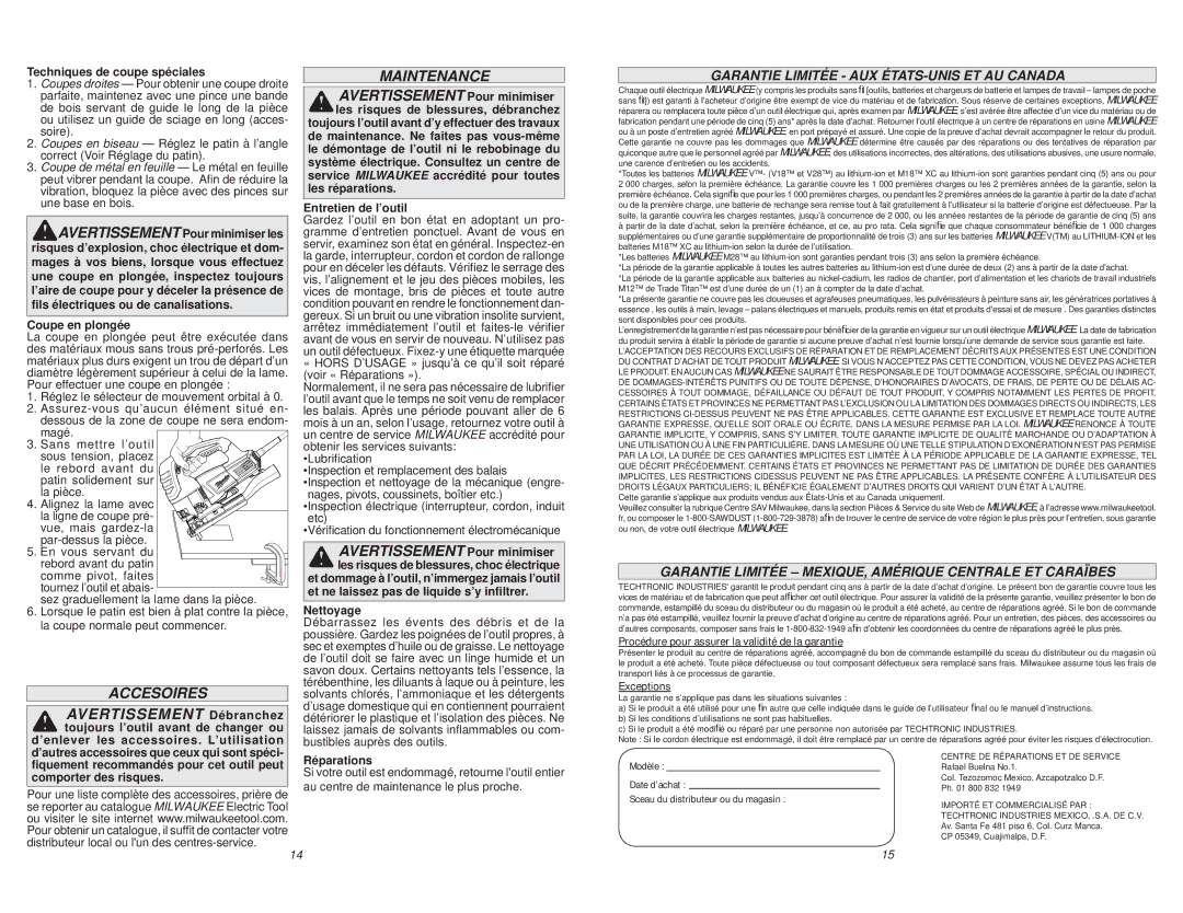 Milwaukee 6278-20 manual Accesoires, Garantie Limitée AUX ÉTATS-UNIS ET AU Canada 