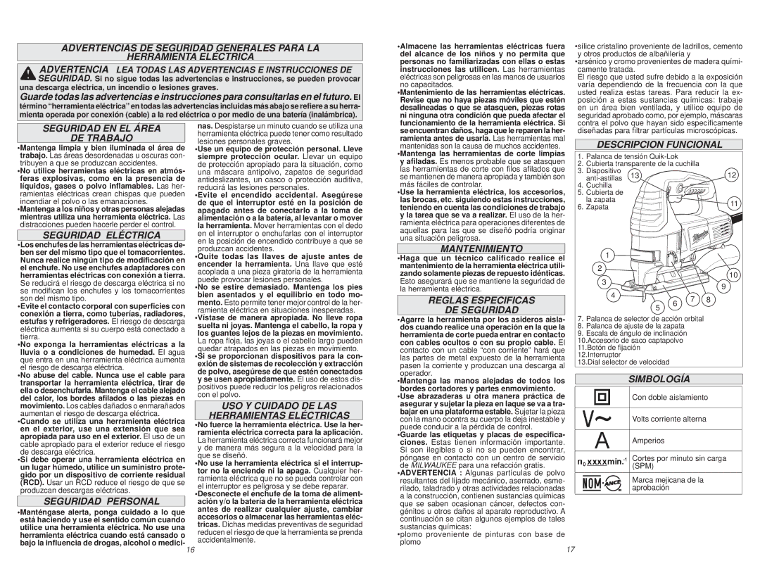 Milwaukee 6278-20 Seguridad EN EL Área DE Trabajo, Seguridad Eléctrica, Seguridad Personal, Mantenimiento, Simbología 