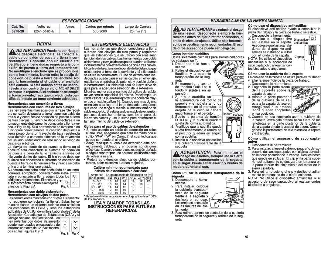 Milwaukee 6278-20 manual Especificaciones, Ensamblaje De La Herramienta, Tierra, Extensiones Electricas 