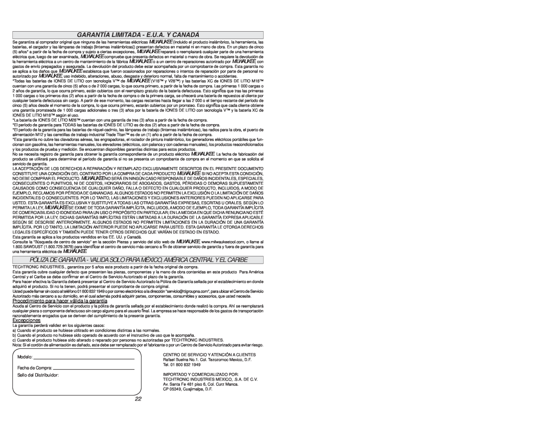 Milwaukee 6278-20 manual Garantía Limitada - E.U.A. Y Canadá, Procedimiento para hacer válida la garantía, Excepciones 